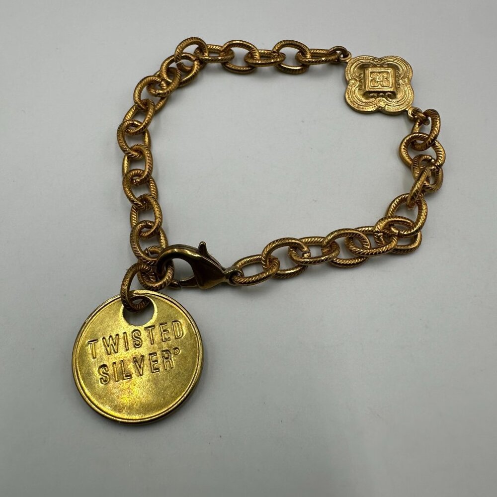Twisted Silver Brand Bracelet Gold Tone Chain Link Medallion Charm 7.5 Inch - Picture 2 of 8